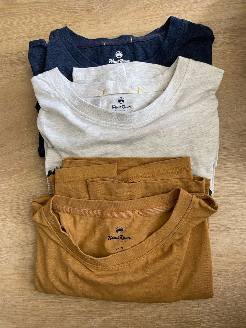 WindRiver Short-Sleeve Crew Tee — Navy, Light Gray, and Brown